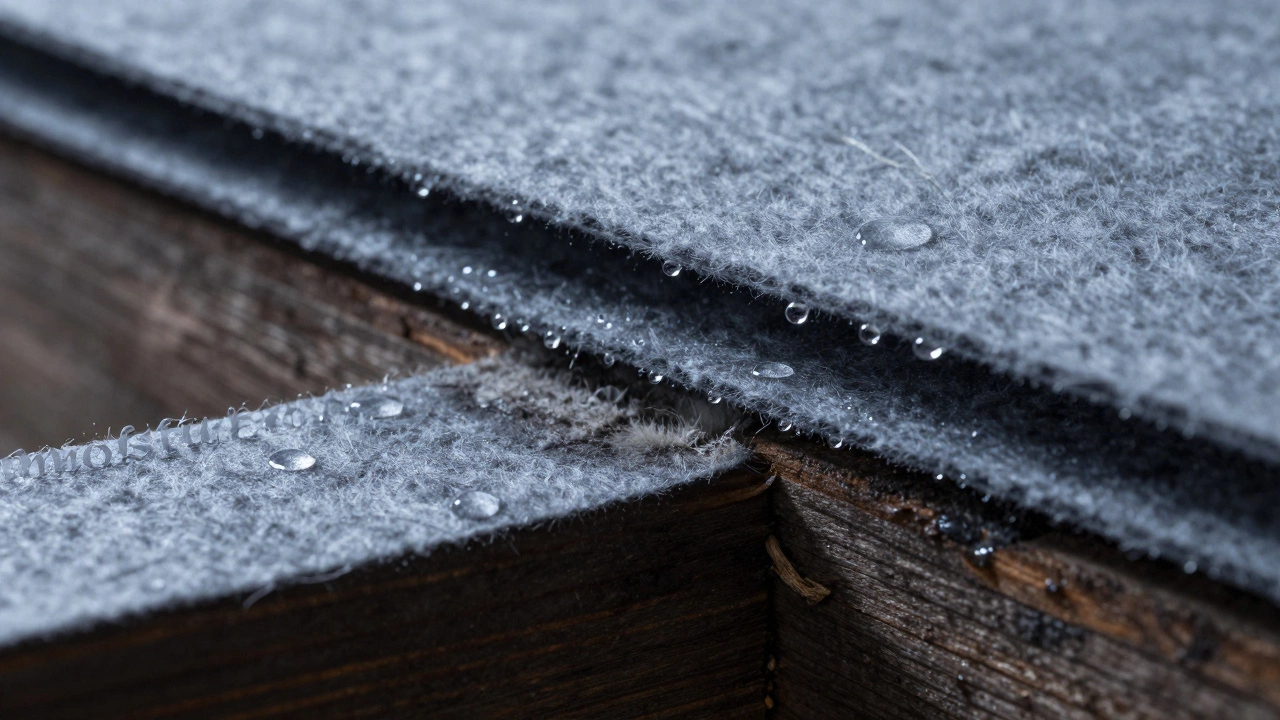 Макроснимок двух слоев войлока с конденсатом и плесенью на деревянной балке