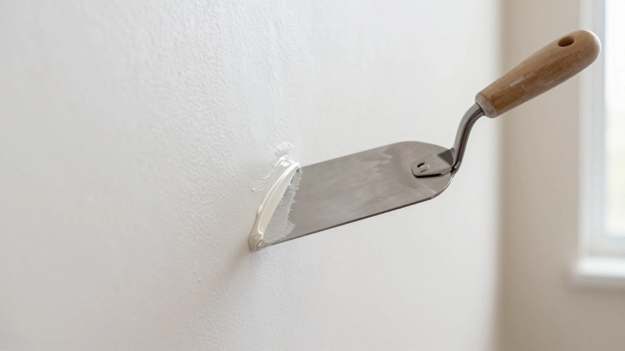 Малярный шпатель наносит слой белой шпаклевки на стену