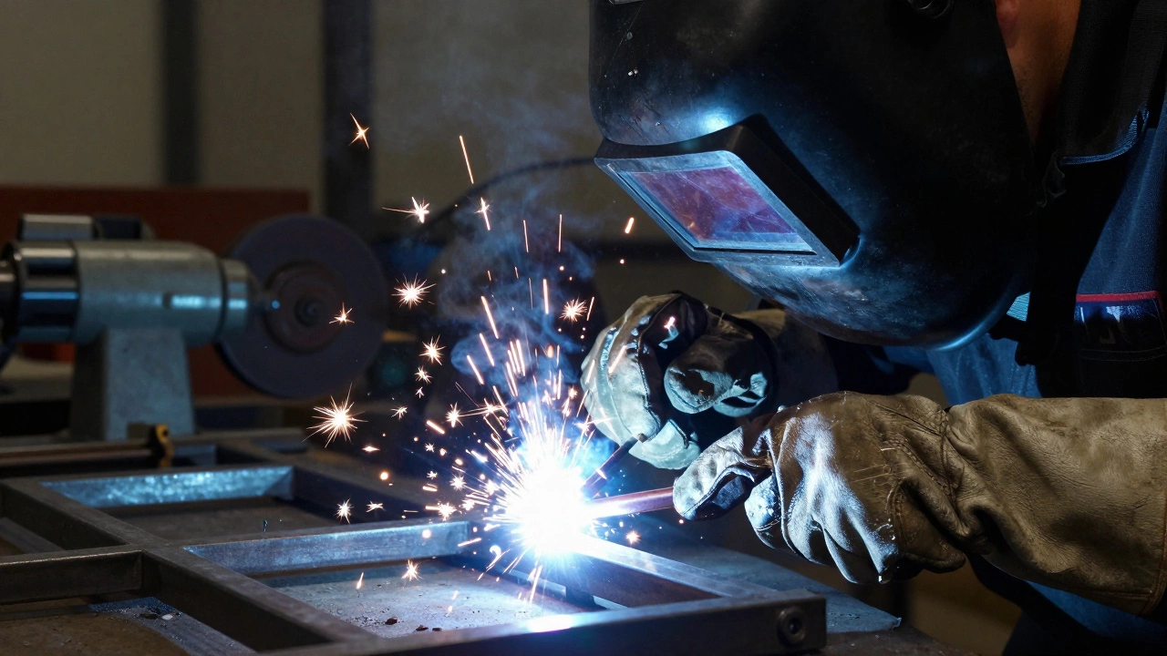 Процесс сварки металла электродом с яркой электрической дугой и искрами