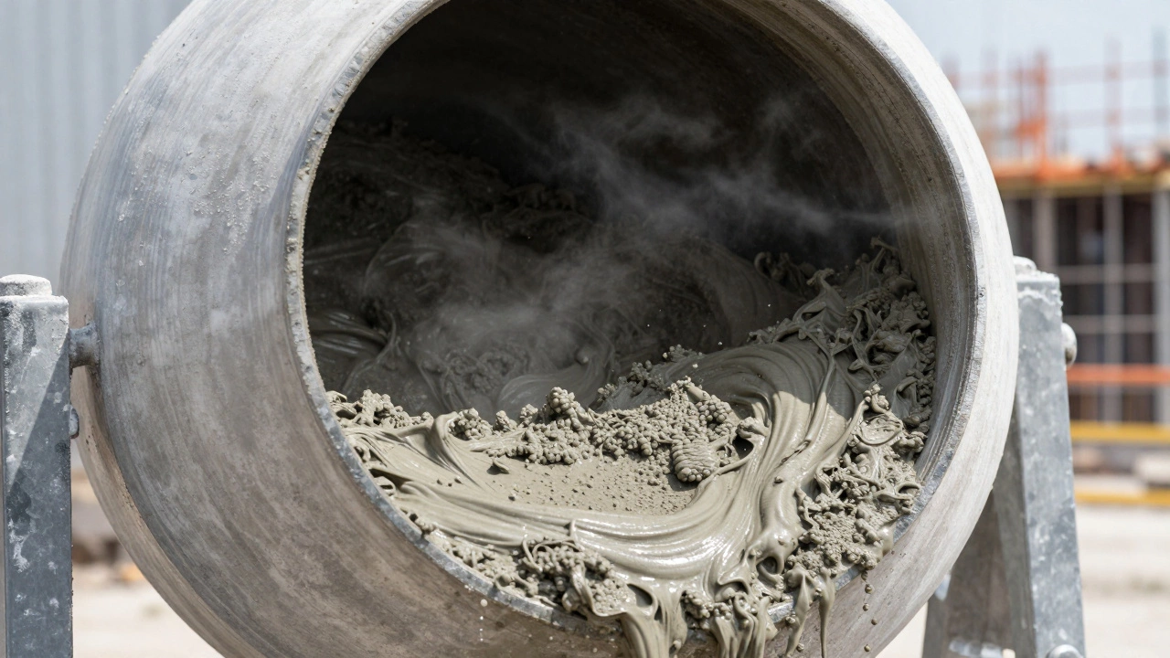 Процесс замешивания густого бетонного раствора в бетономешалке