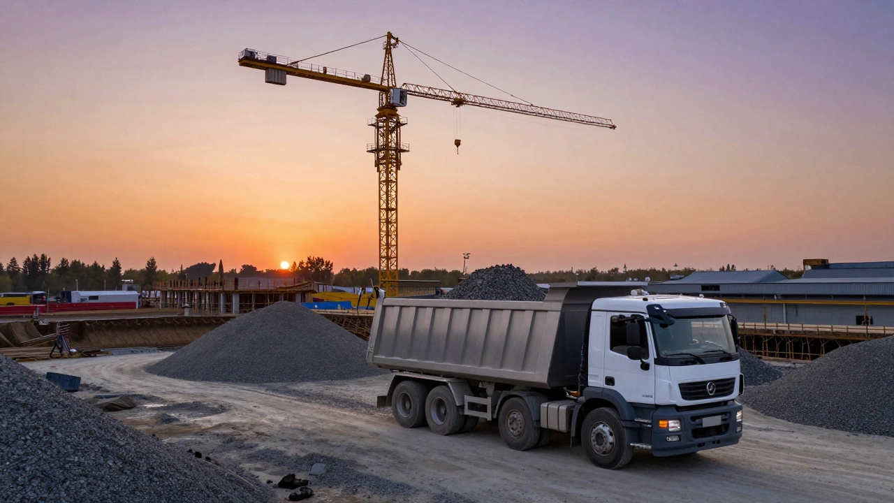 Самосвал разгружает щебень на фоне высокого башенного крана на закате