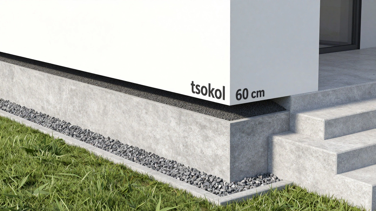 Схематичный вид цоколя дома, приподнятого над уровнем земли для защиты от сырости