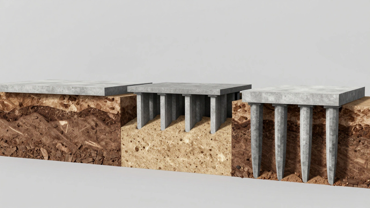 Сравнение типов фундаментов: монолитная плита, лента и забивные сваи в разрезе