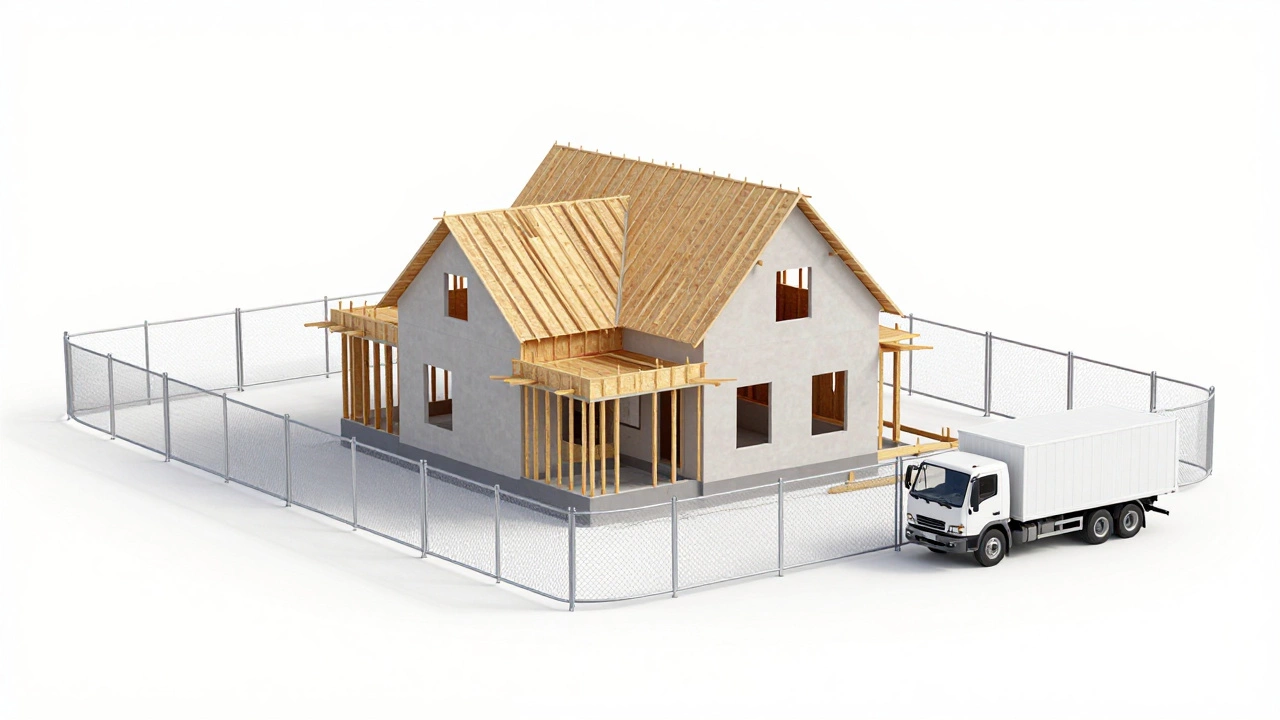 Строящийся дом с временным ограждением из сетки-рабицы по периметру участка