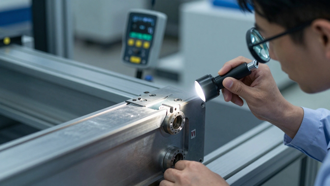 Технический специалист проверяет качество сварного шва с помощью фонарика и лупы