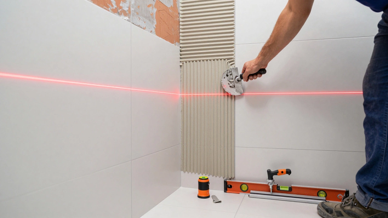 Укладка плитки с использованием зубчатого шпателя и лазерного уровня