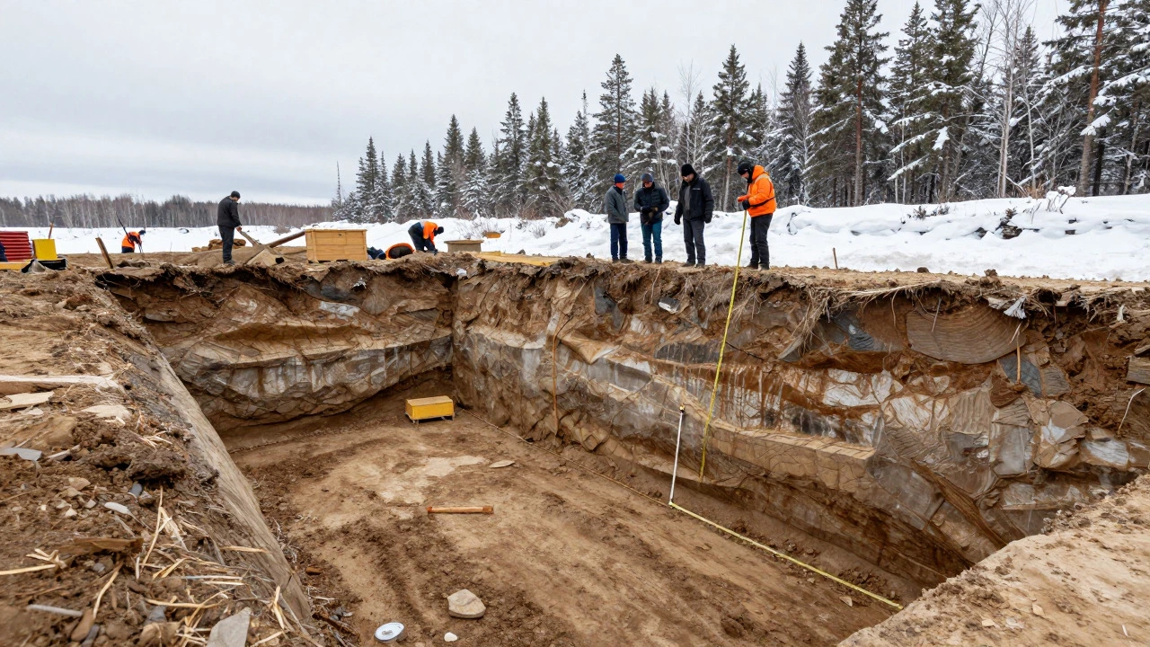 Строительная яма с рабочими, измеряющими глубину заложения фундамента